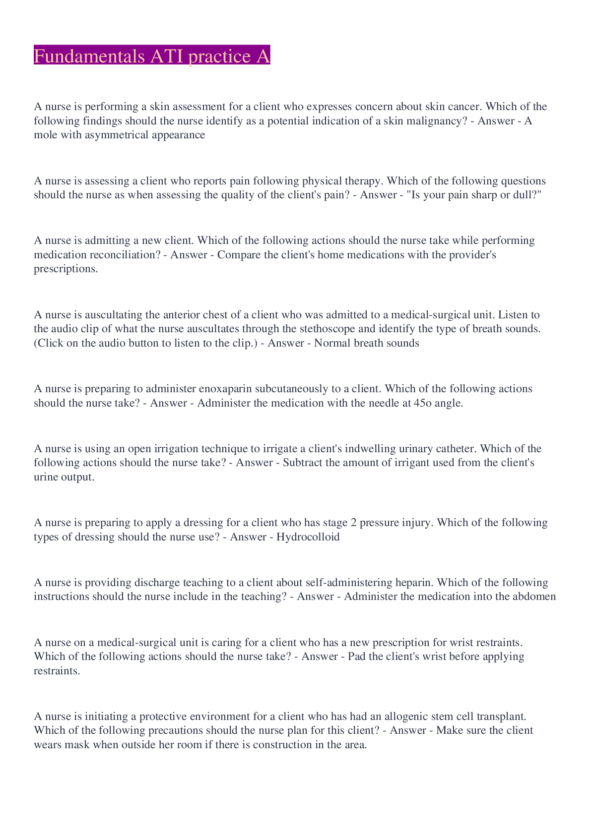 Preview image for Fundamentals ATI practice A Questions And Answers 2022/2023